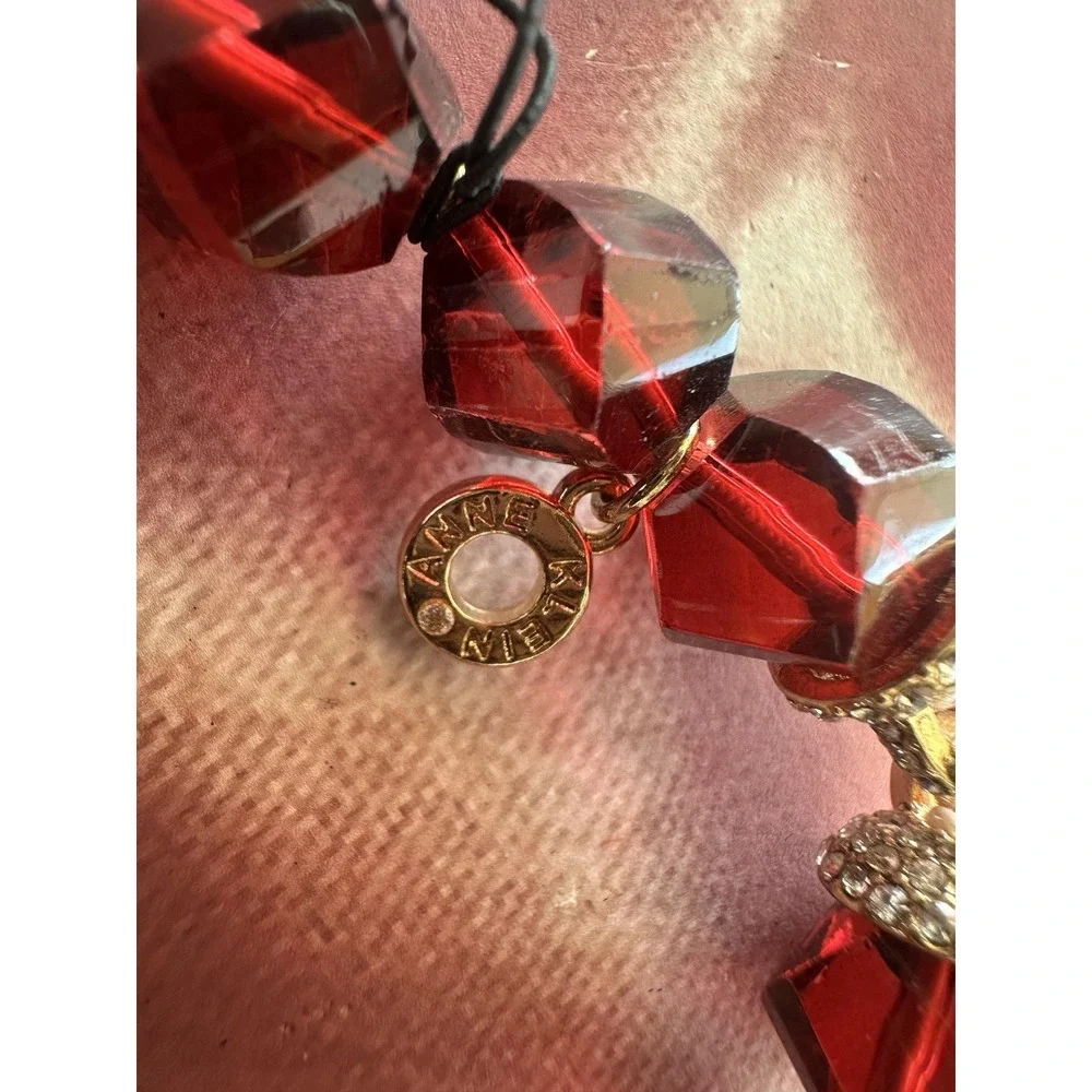 Vintage Anne Klein Red Faceted Bead ElasticBracelet Gold Tone Pave Crystal Charm